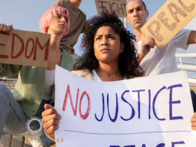 Image representing advocacy efforts, showing diverse individuals participating in a protest or demonstration, holding signs and banners promoting justice, equality, and systemic reform. The image highlights the importance of amplifying marginalized voices and supporting grassroots movements for addressing root causes of crises and fostering societal change.