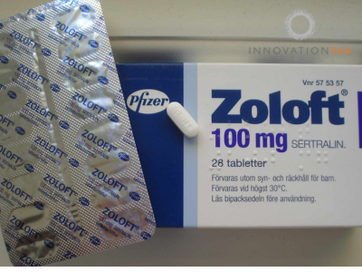 A bottle of Zoloft antidepressant medication with the generic name sertraline, effective for depression, anxiety disorders, OCD, PTSD, and more."